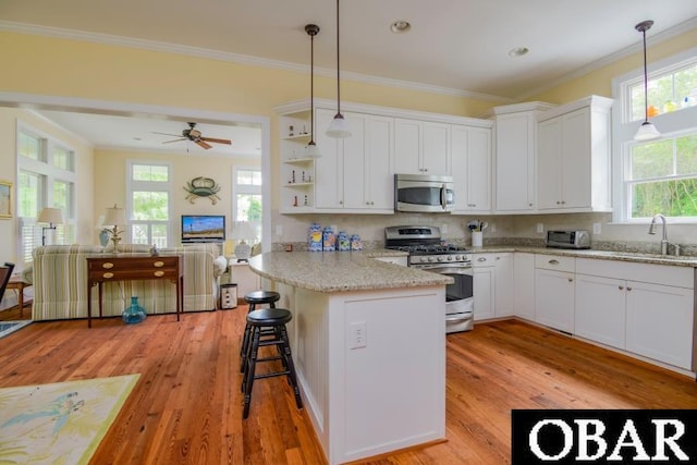 102 William And Mary Way Lot 13, Manteo, NC 27954 - kitchen with appliances with stainless steel finishes, a sink, a peninsula, white cabinets, and light wood finished floors