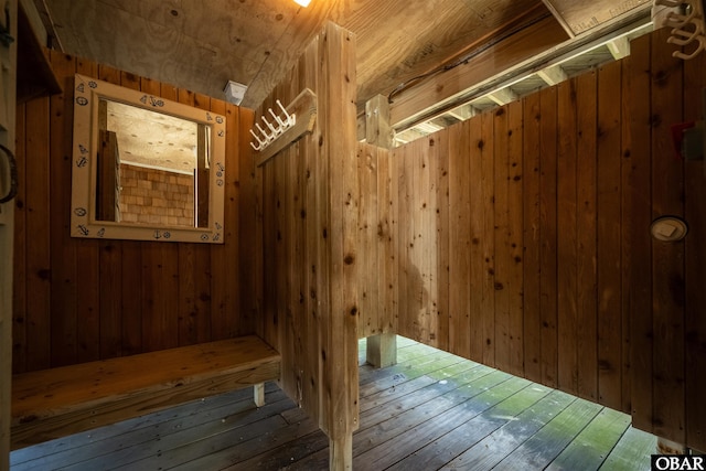 mudroom featuring wooden walls and a sauna