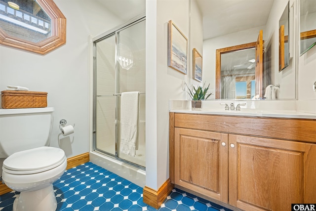 full bathroom featuring toilet, a stall shower, vanity, and tile patterned floors