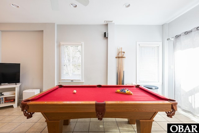 playroom with pool table, recessed lighting, visible vents, and light tile patterned flooring