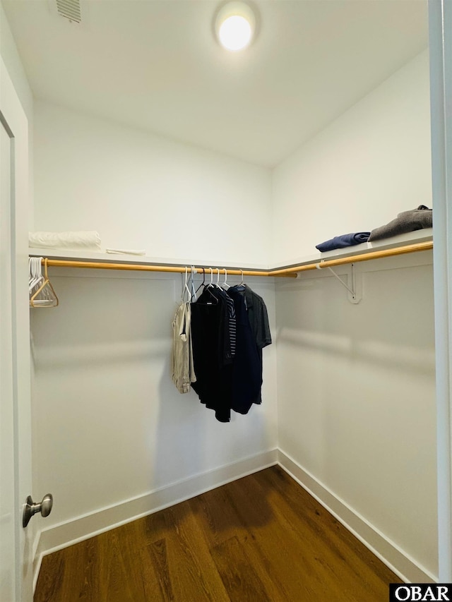 walk in closet featuring visible vents and dark wood-type flooring