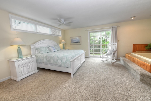 bedroom featuring access to exterior, carpet, baseboards, and a ceiling fan