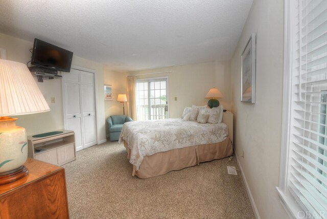 bedroom featuring access to exterior, a closet, light carpet, a textured ceiling, and baseboards