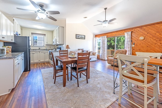 dining space featuring lofted ceiling, light wood finished floors, and a wealth of natural light