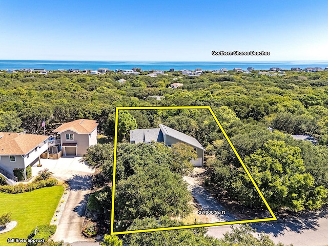 aerial view with a water view and a view of trees