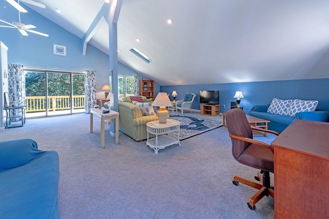 interior space featuring vaulted ceiling with skylight, ceiling fan, and recessed lighting