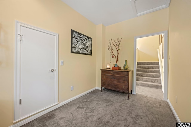 41 Eagles Nest Ln Lot 372, Southern Shores, NC 27949 - hall featuring carpet flooring, attic access, stairs, and baseboards
