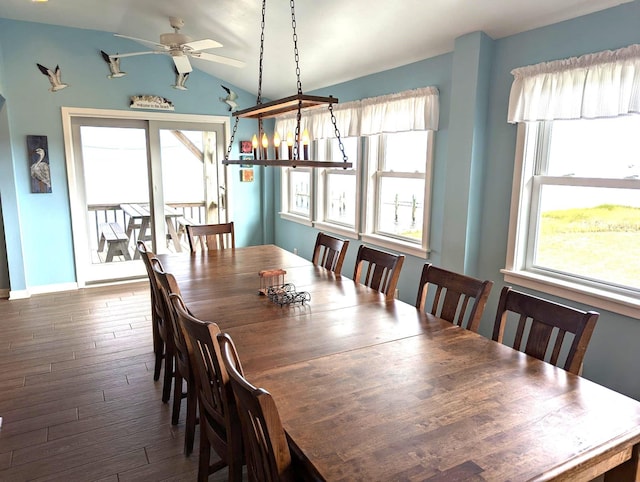 415 British Cemetery Rd Lot # 1 & 2, Ocracoke, NC 27960 - dining area featuring a ceiling fan, dark wood-type flooring, plenty of natural light, lofted ceiling, and baseboards