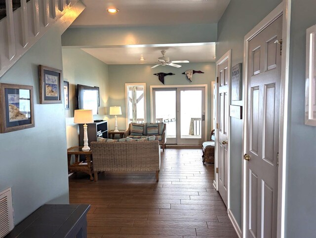 415 British Cemetery Rd Lot # 1 & 2, Ocracoke, NC 27960 - living area featuring ceiling fan, dark wood-style flooring, and recessed lighting