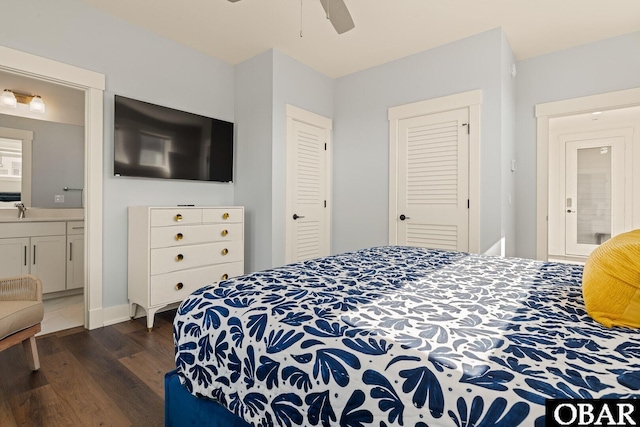 981 Lighthouse Dr Lot 10, Corolla, NC 27927 - bedroom featuring dark wood-style floors, connected bathroom, a closet, and a ceiling fan