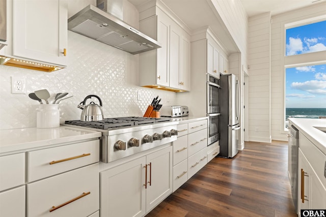 981 Lighthouse Dr Lot 10, Corolla, NC 27927 - kitchen featuring wall chimney exhaust hood, stainless steel appliances, tasteful backsplash, dark wood-style floors, and white cabinets