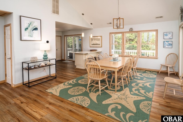 dining space with visible vents, baseboards, and wood finished floors
