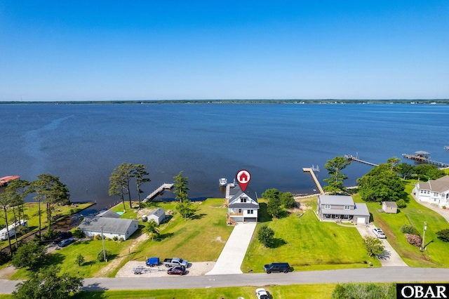 drone / aerial view featuring a water view