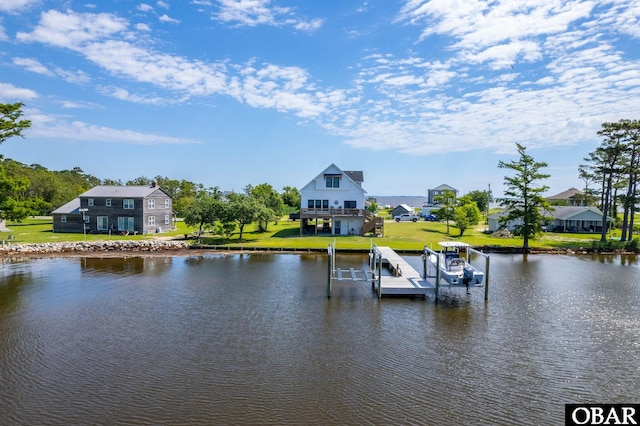 property view of water featuring a dock and boat lift