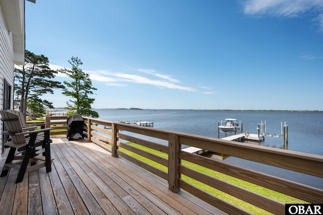 deck featuring a boat dock and a water view