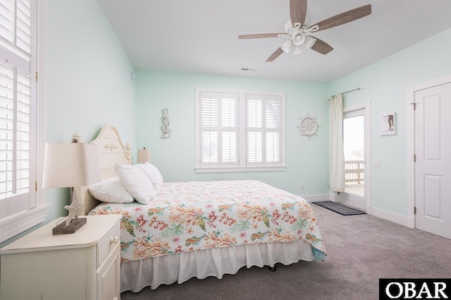 bedroom featuring a ceiling fan, access to exterior, light colored carpet, and baseboards