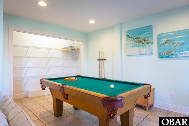 rec room with recessed lighting, billiards, baseboards, and tile patterned floors