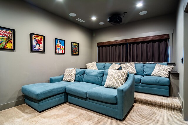 home theater with light carpet, visible vents, and recessed lighting