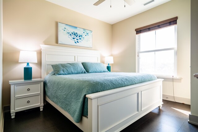 bedroom featuring ceiling fan, visible vents, and baseboards