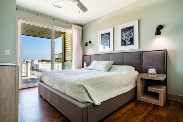 bedroom with access to exterior, visible vents, dark wood finished floors, and baseboards