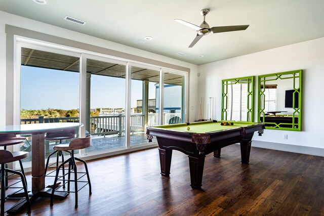 rec room featuring visible vents, baseboards, dark wood-style floors, ceiling fan, and pool table