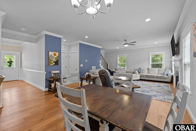 dining area with stairs, recessed lighting, light wood-type flooring, a chandelier, and baseboards