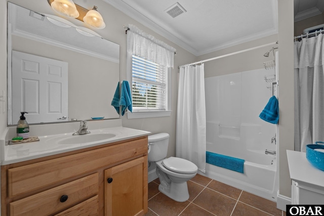 full bath with vanity, ornamental molding, visible vents, and toilet