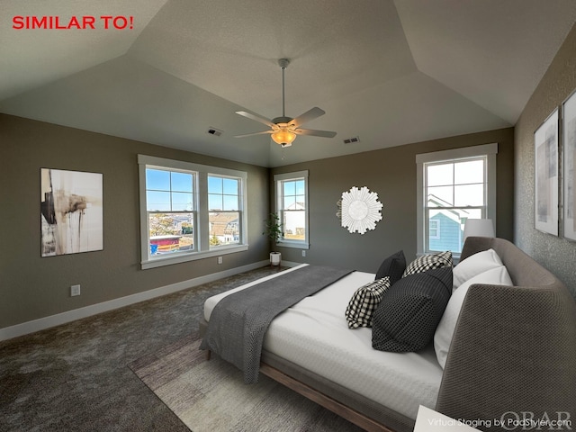 carpeted bedroom featuring a tray ceiling, visible vents, lofted ceiling, and baseboards