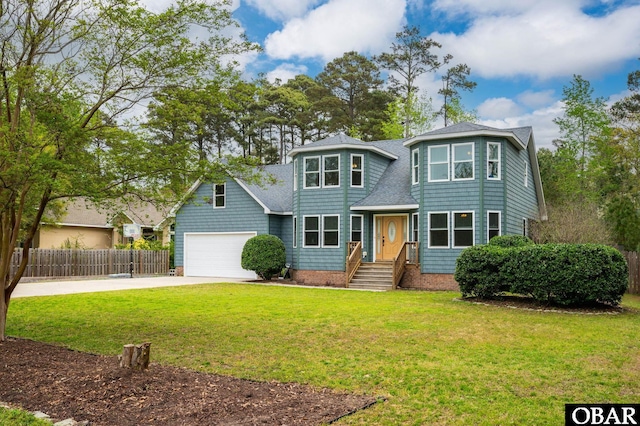view of front of home with a garage, roof with shingles, a front yard, fence, and concrete driveway