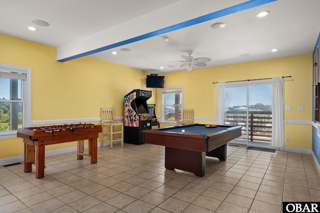 25238 Mac Oca Dr Lot 14, Waves, NC 27982 - rec room featuring ceiling fan, billiards table, recessed lighting, and light tile patterned flooring