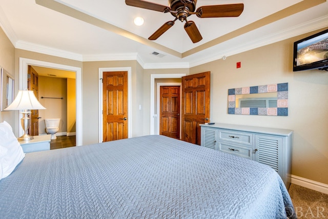 bedroom featuring crown molding, visible vents, dark carpet, ceiling fan, and baseboards