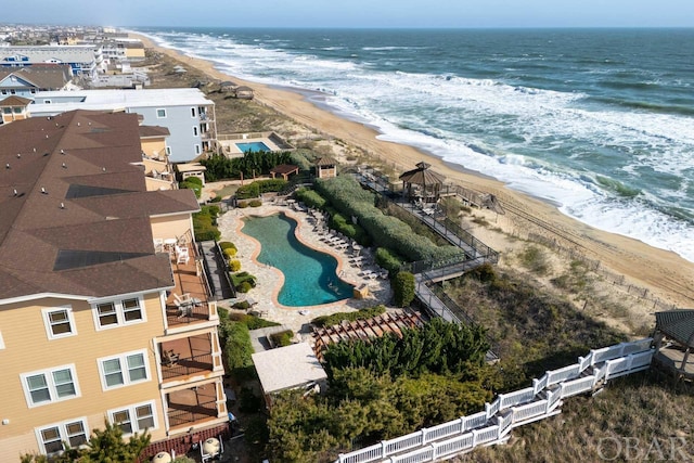 aerial view featuring a beach view and a water view