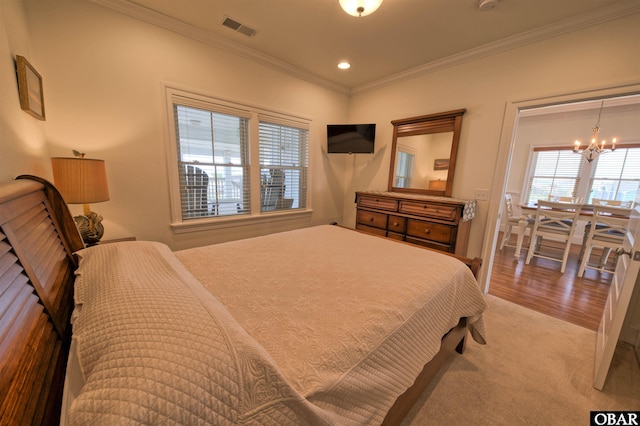 24252 Resort Rodanthe Dr Unit 1C, Rodanthe, NC 27968 - bedroom featuring a chandelier, ornamental molding, light colored carpet, light wood-type flooring, and recessed lighting