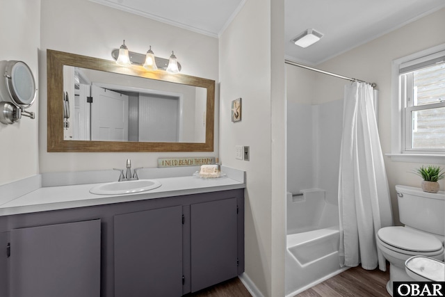 402 N Memorial Blvd Lot 3, Kill Devil Hills, NC 27948 - full bath featuring ornamental molding, toilet, vanity, wood finished floors, and shower / bath combination with curtain