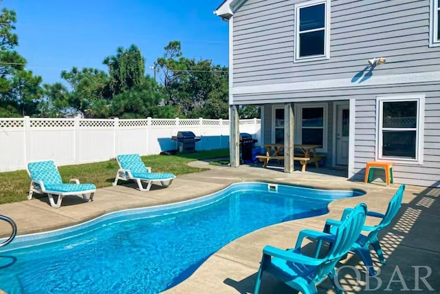 view of pool featuring a patio area, a fenced backyard, and a fenced in pool