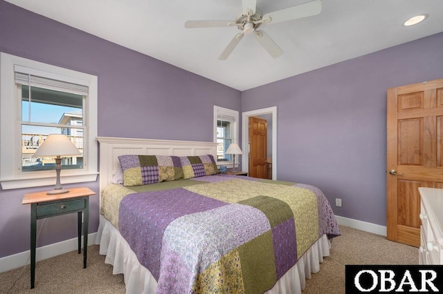 bedroom with carpet flooring, recessed lighting, a ceiling fan, and baseboards