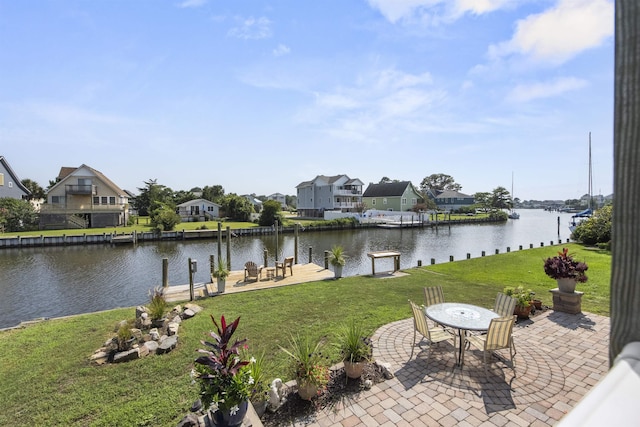 property view of water with a residential view and a dock