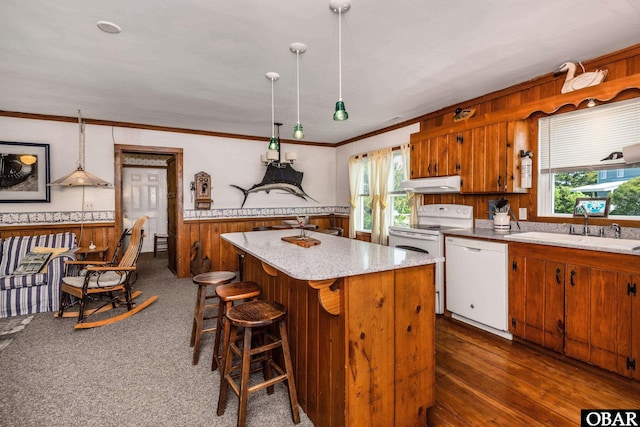 kitchen featuring a sink, brown cabinets, under cabinet range hood, a wainscoted wall, and white appliances