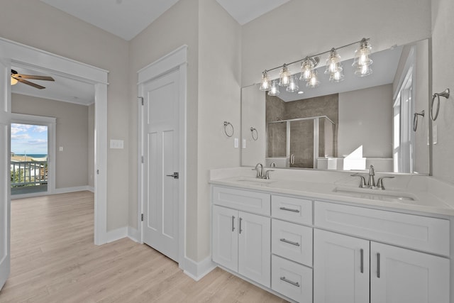 bathroom with a sink, double vanity, wood finished floors, and a shower stall