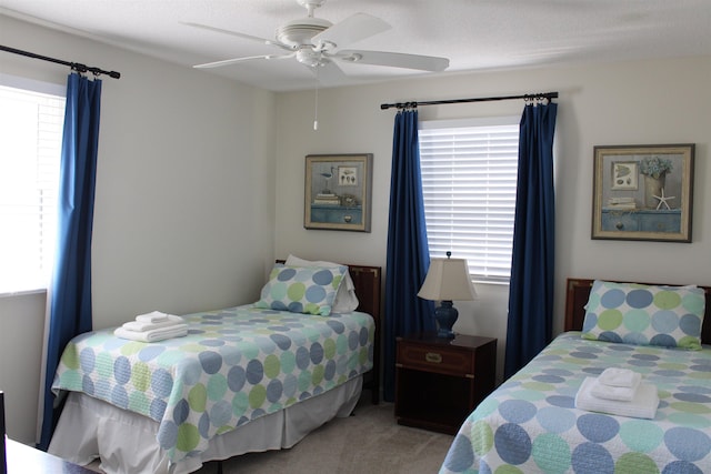 carpeted bedroom with ceiling fan and multiple windows