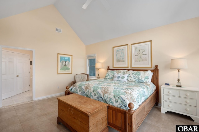 bedroom with light tile patterned floors, visible vents, baseboards, a ceiling fan, and high vaulted ceiling