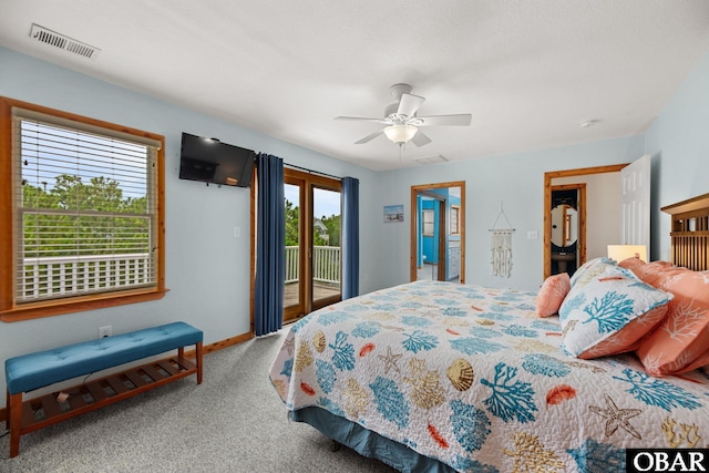 bedroom featuring baseboards, visible vents, a ceiling fan, access to exterior, and carpet flooring