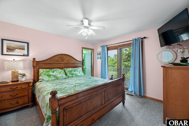 carpeted bedroom featuring access to outside, ceiling fan, and baseboards