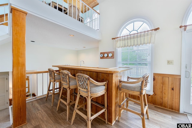 interior space featuring wooden walls, a high ceiling, wood finished floors, wainscoting, and indoor wet bar