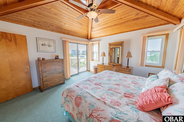 65 Ocean Blvd Lot 3-4, Southern Shores, NC 27949 - bedroom featuring access to exterior, carpet flooring, wood ceiling, and a ceiling fan