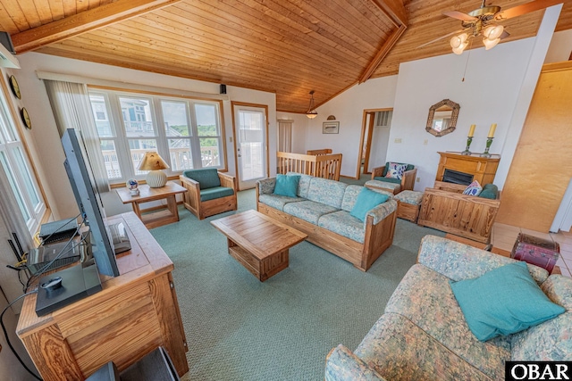 65 Ocean Blvd Lot 3-4, Southern Shores, NC 27949 - carpeted living room with wooden ceiling, ceiling fan, and a fireplace