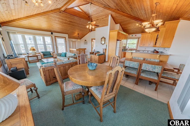 65 Ocean Blvd Lot 3-4, Southern Shores, NC 27949 - dining area featuring wood ceiling, ceiling fan, light colored carpet, and a chandelier