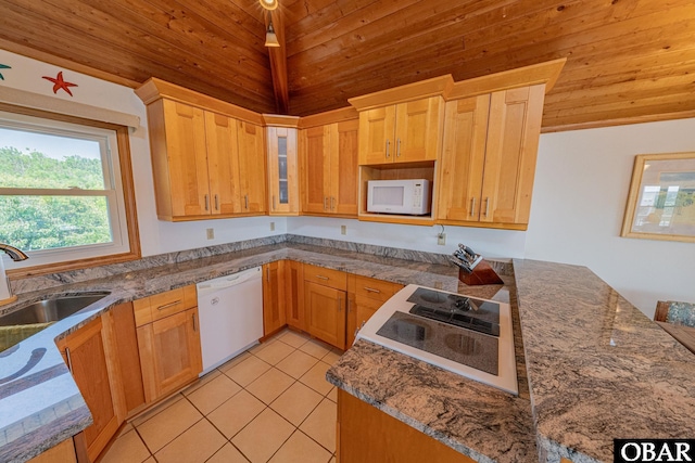 65 Ocean Blvd Lot 3-4, Southern Shores, NC 27949 - kitchen with white appliances, wooden ceiling, light tile patterned flooring, glass insert cabinets, and lofted ceiling