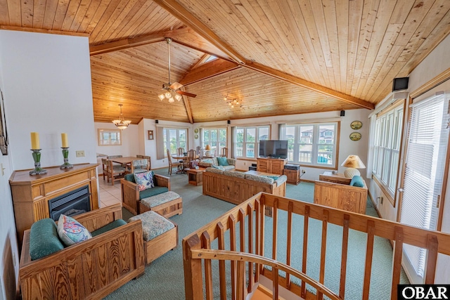 65 Ocean Blvd Lot 3-4, Southern Shores, NC 27949 - carpeted living room featuring wood ceiling and a chandelier