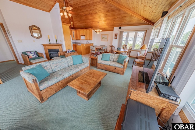 65 Ocean Blvd Lot 3-4, Southern Shores, NC 27949 - carpeted living area with a wood ceiling with exposed beams, a fireplace, and ceiling fan